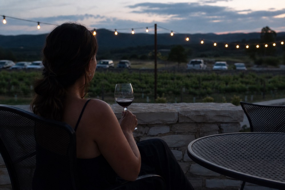 Person holding a stemmed wine glass on a winery patio with a low limestone wall and vines beyond the terrace