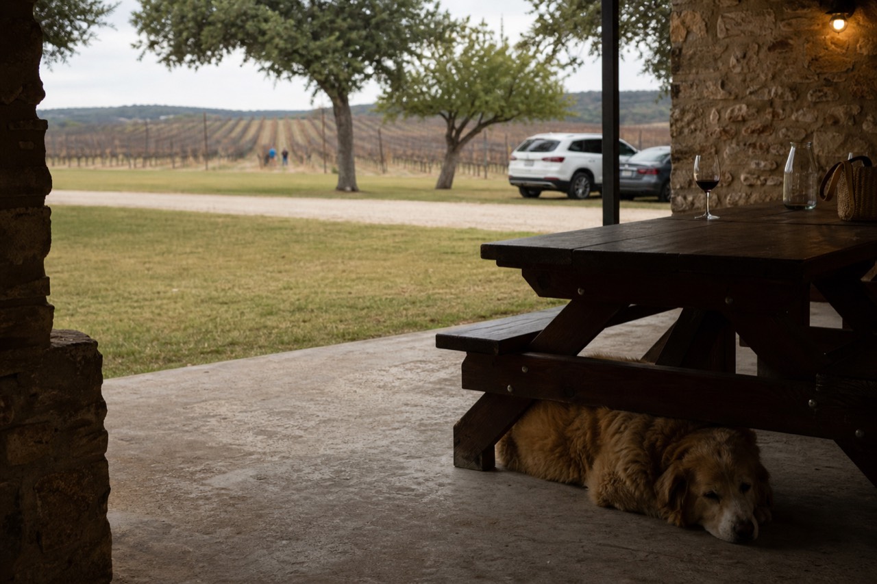 A large dog lying in the shade under a wooden picnic table on a winery patio with vineyard rows behind
