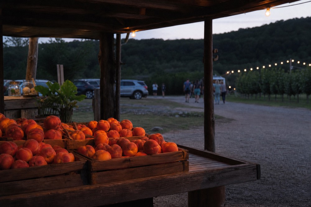 Crates of ripe peaches under a shaded farm-stand roof with a hand-built wooden counter and orchard rows behind