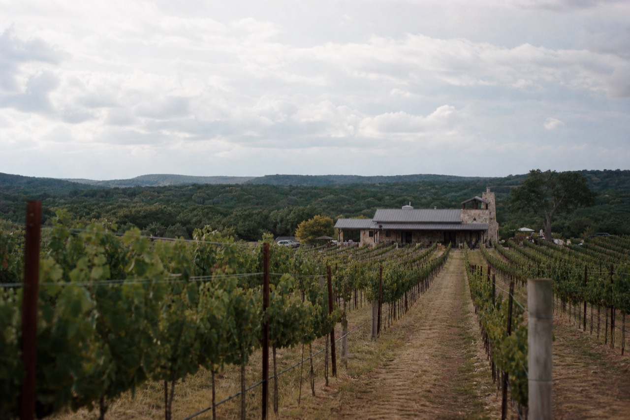 Vineyard rows stretching to a distant ridge under a wide Texas sky, with a low stone tasting room at the end of the nearest row
