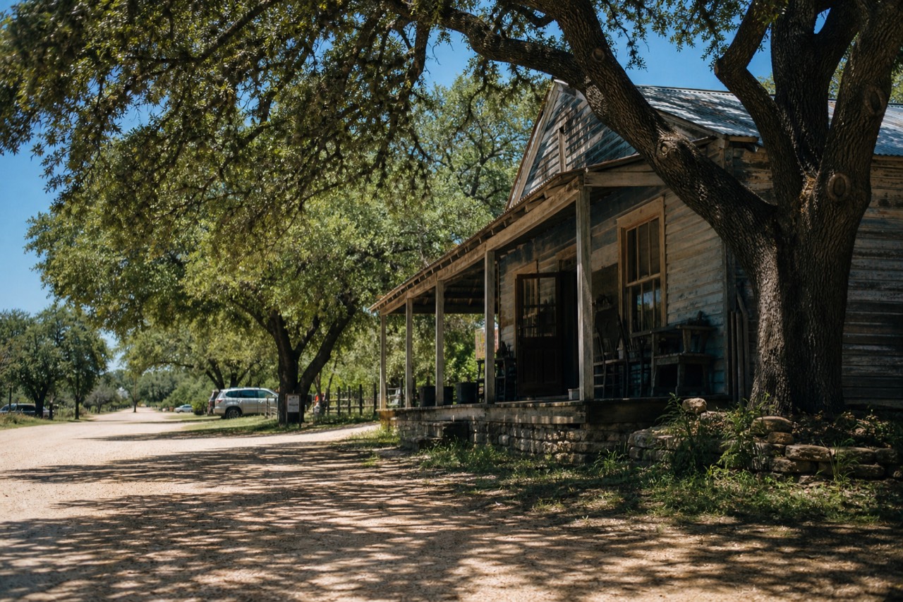 A weathered wooden general store with a deep porch standing under huge live oak trees on a dusty Texas back road