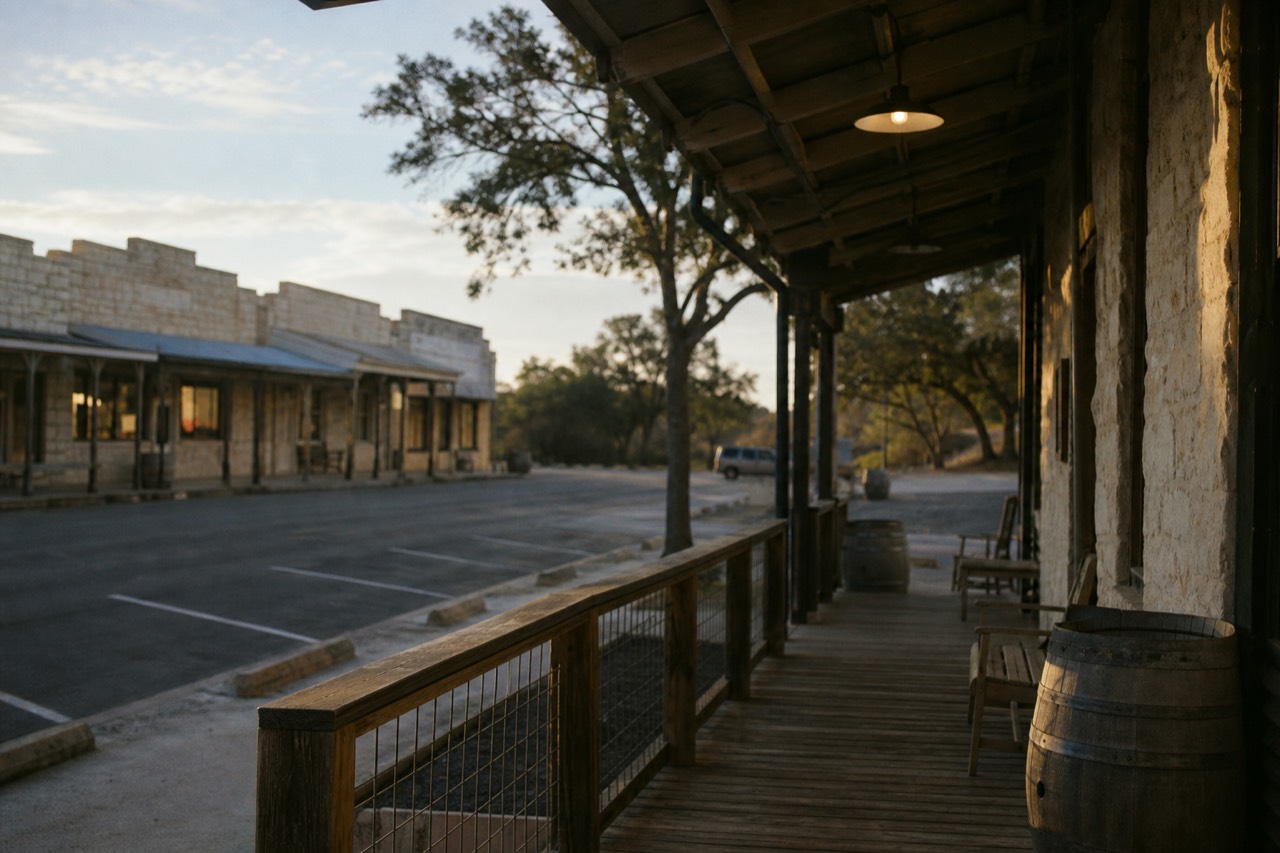 Early morning on a quiet Texas main street, low sun across limestone storefronts and empty parking bays
