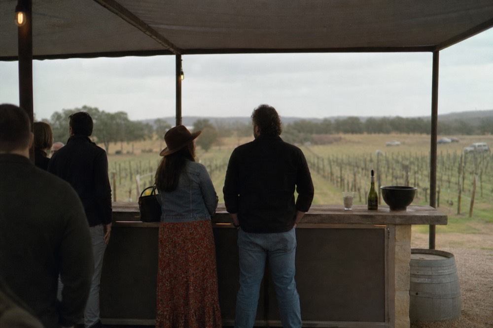 Guests standing at an outdoor tasting counter under a shade structure with vine rows stretching away behind them