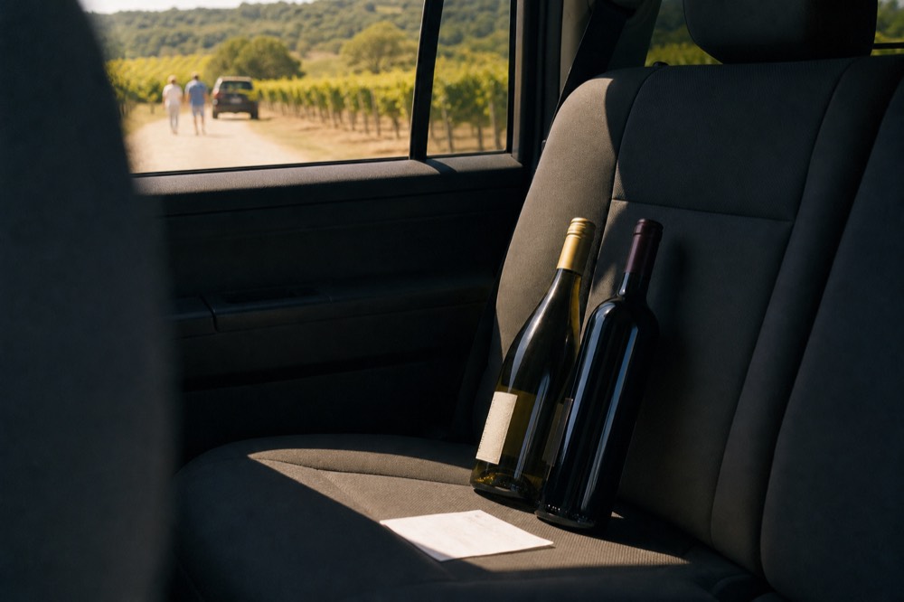 Two wine bottles and a paper receipt sitting on the back seat of a vehicle with a vineyard visible through the window