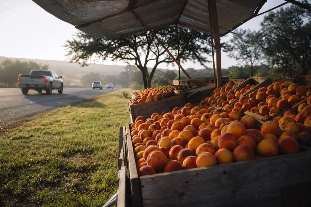 Wooden roadside stand piled with fresh Texas peaches in crates under a shade canopy on a rural highway