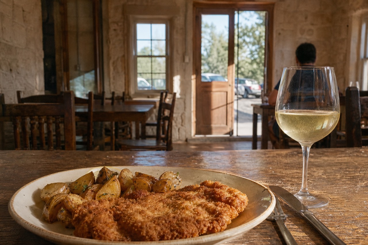 Breaded schnitzel with potatoes and a glass of Texas white wine on a worn wooden table in a limestone-walled dining room