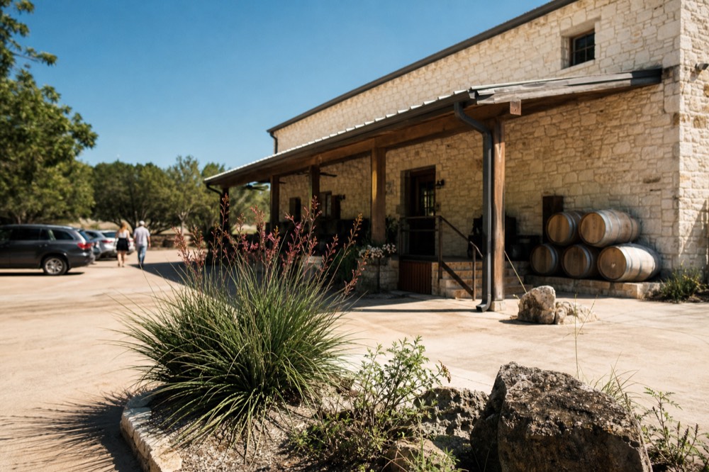 Weathered stone winery building with a wide porch and vintage barrels stacked beside the entrance