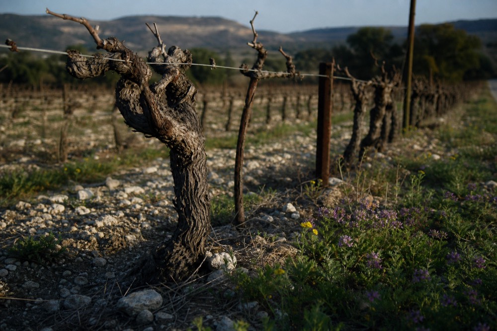 An old gnarled grapevine trunk in weathered limestone soil with a rusted metal trellis wire, morning light raking across the row