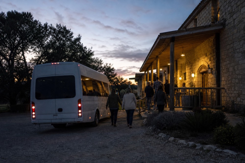 A minibus parked on a shaded gravel drive beside a stone winery building, passengers walking toward the entrance carrying nothing