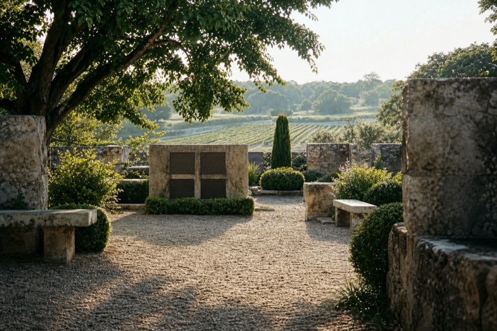 A quiet stone memorial courtyard with engraved plaques, raked gravel and clipped greenery in a small formal garden