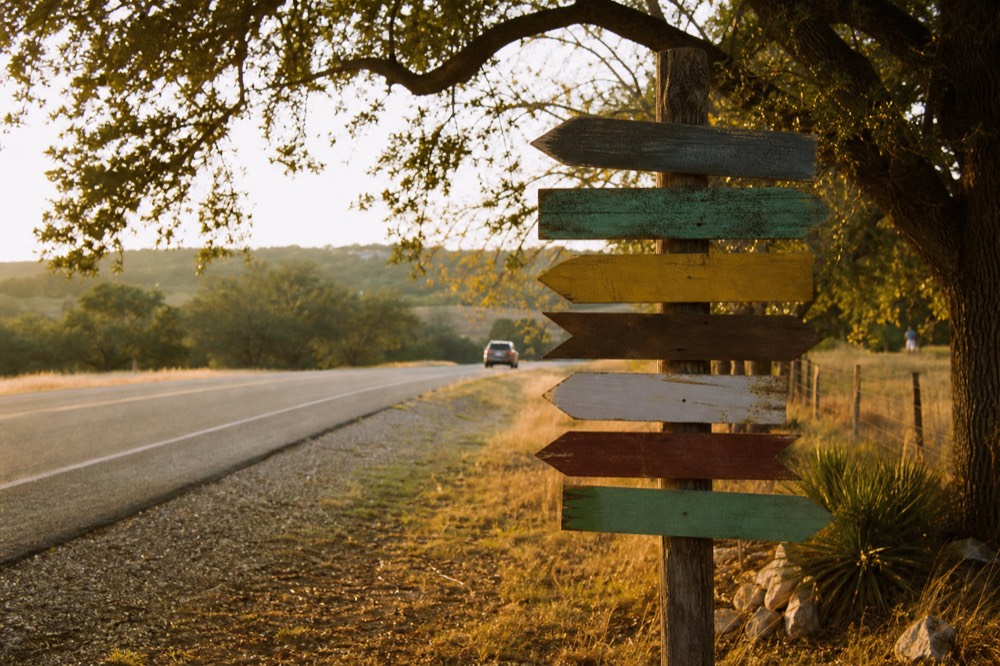 A cluster of hand-painted wooden winery direction signs stacked on a single post beside a rural Texas highway, no readable text