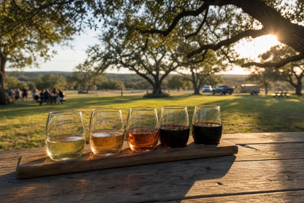 Five small pours arranged left to right from pale white to dark red on a wooden flight paddle