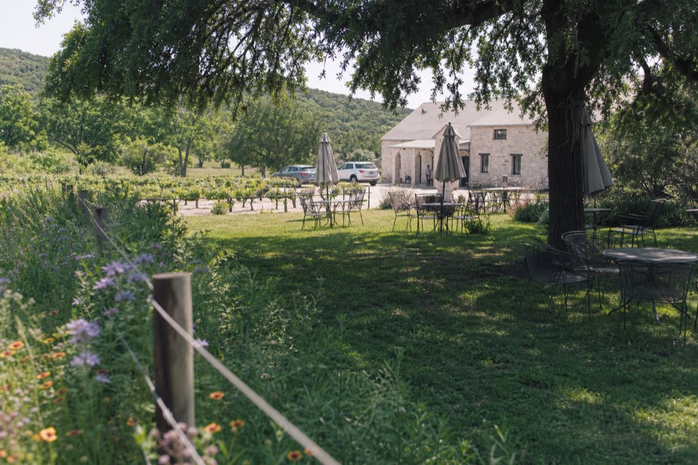 A shaded winery lawn with scattered empty bistro tables and umbrellas, vineyard rows and a limestone building behind